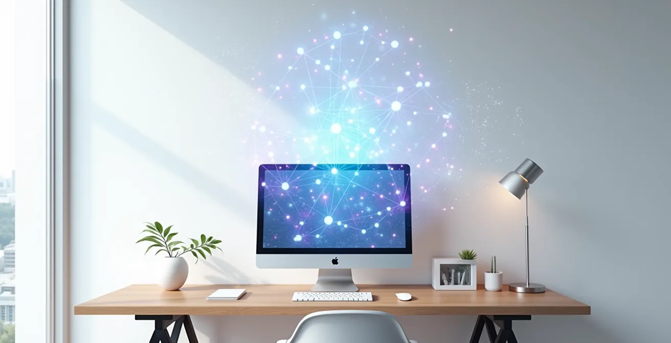 Modern minimalist workspace with abstract AI visualization floating above desk