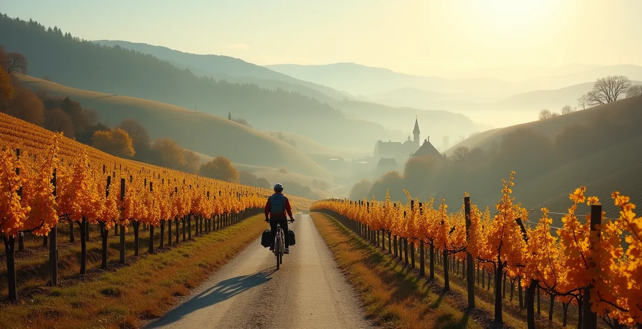 Tranquil autumn vineyard landscape with lone cyclist on country road