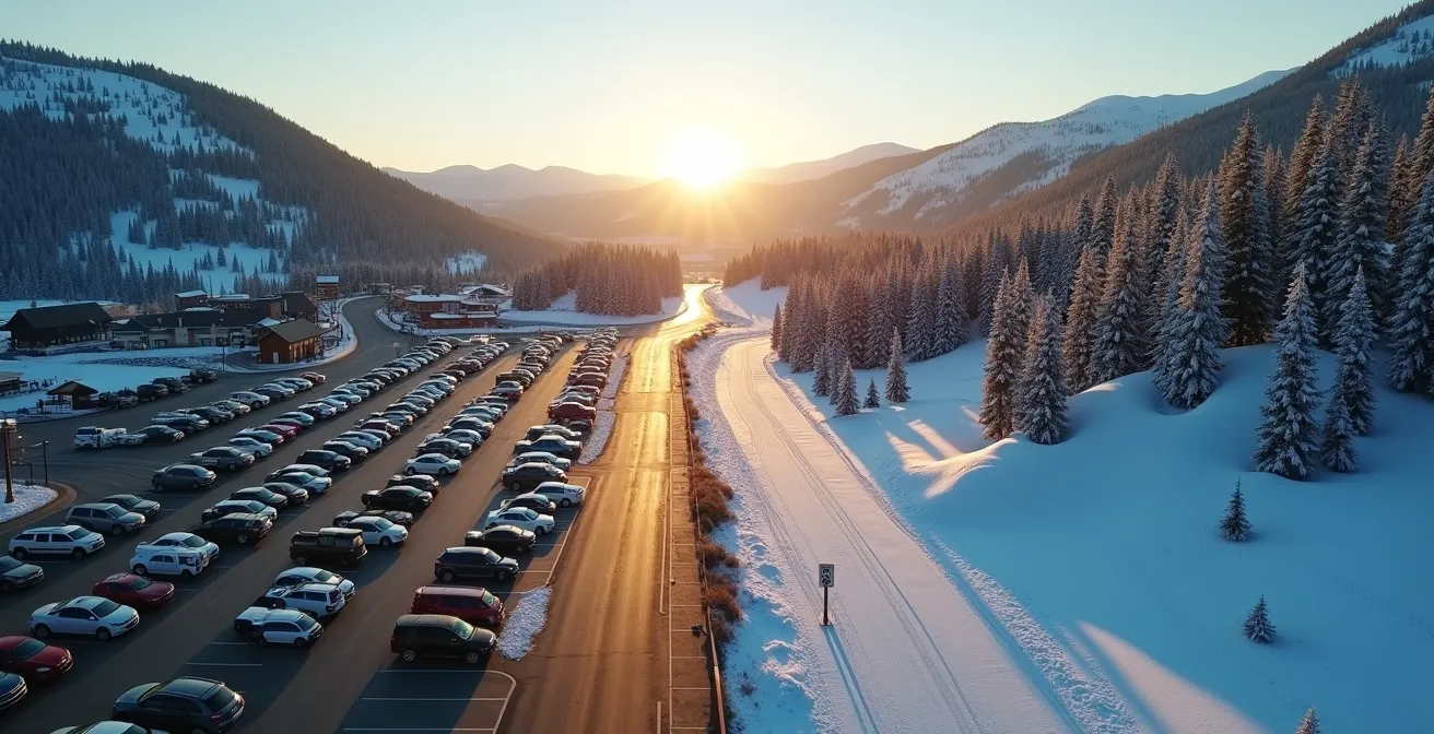 Aerial view comparing crowded major resort with a peaceful hidden gem mountain