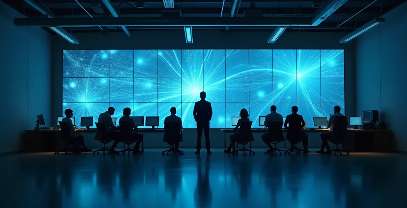 Wide angle view of a modern security operations center with abstract data visualizations