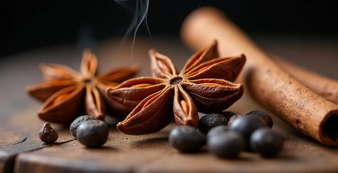 Extreme close-up of aromatic spices releasing their essence, capturing the sensory connection to memory