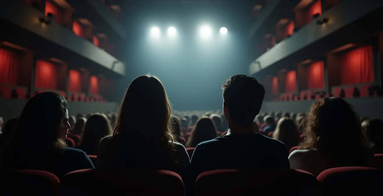 Split perspective view showing theater from front row and balcony vantage points