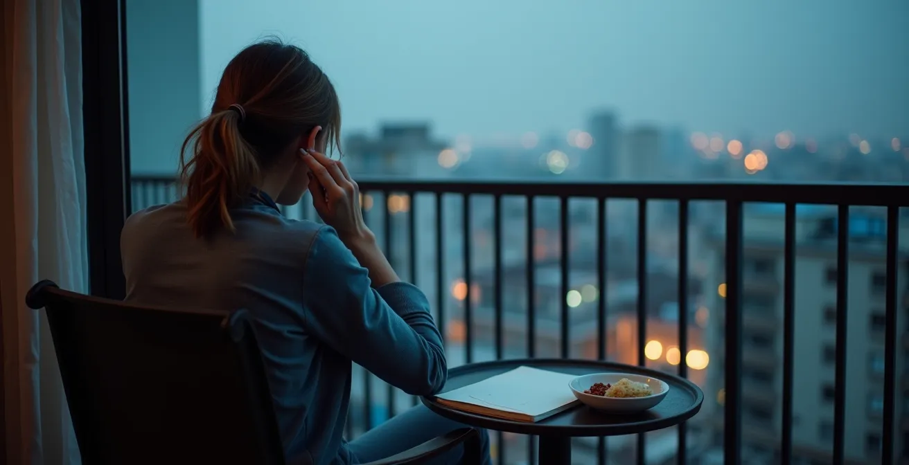 Solitary traveler sitting on hotel balcony overlooking unfamiliar cityscape at dusk
