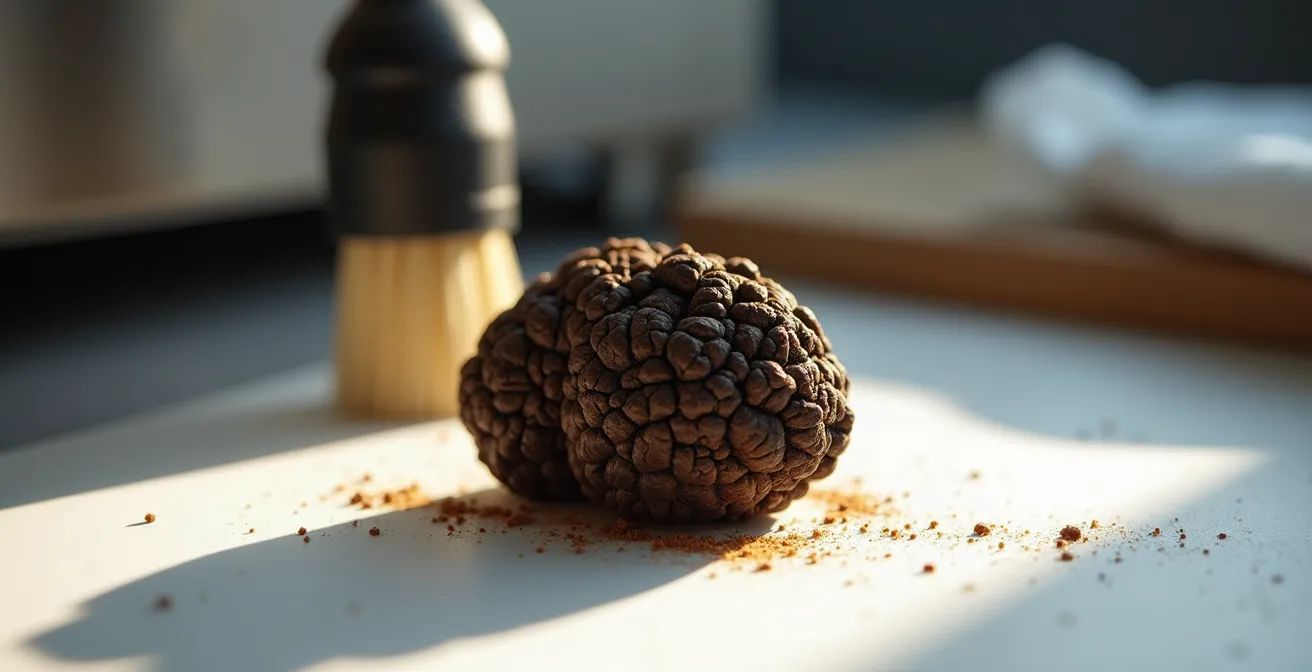 An extreme close-up of a freshly cleaned black truffle being prepared for vacuum sealing on a sterile surface.