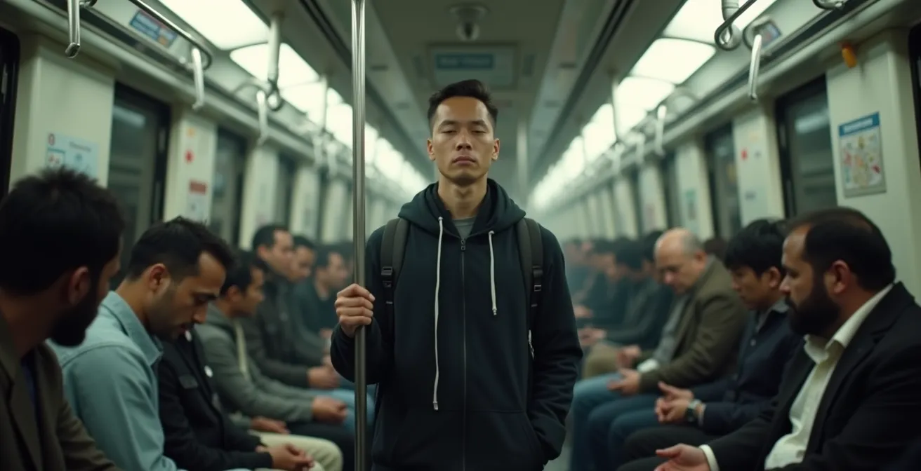 Commuter practicing mindfulness on crowded public transport