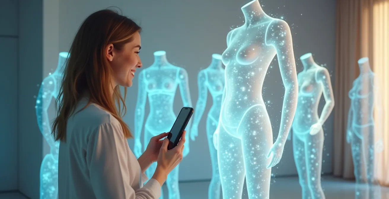 Person using AR virtual try-on technology with holographic clothing overlay
