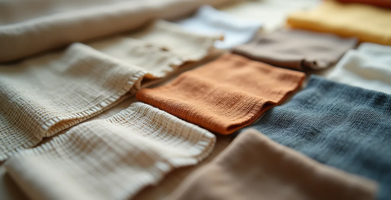 Clothing items arranged for ethical origin assessment with natural materials visible